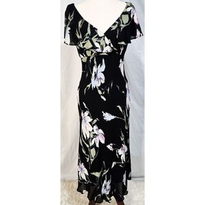 Vintage 90s Y2K Whimsigoth Midi Dress Black Dark Floral Goth Ruffle Lilly Purple